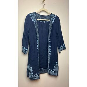 Madison Mathews Navy Linen Embroidered Open Cardigan Sz. S